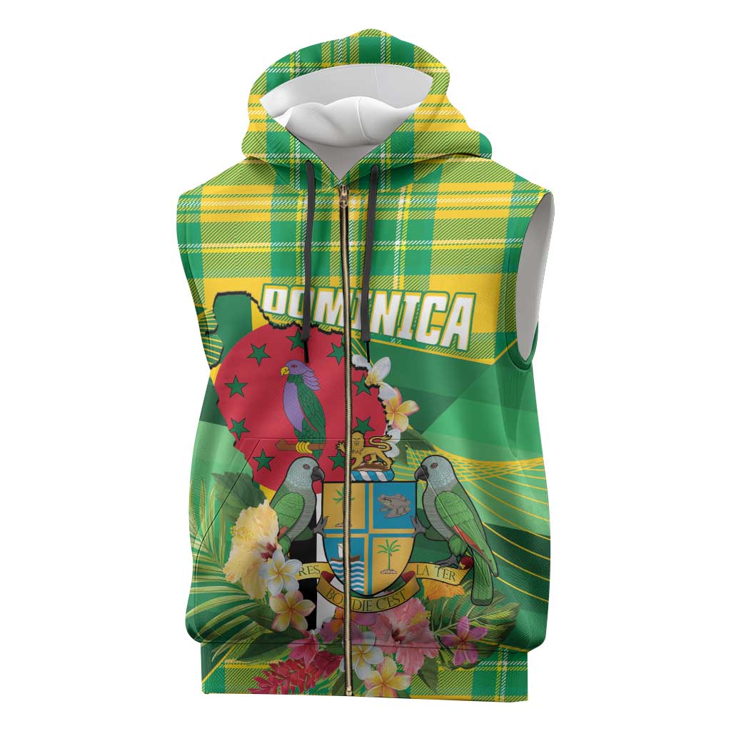 Personalized Dominica Independence Day Sleeveless Zip Hoodie Map With Coat Of Arms Madras Pattern - Wonder Print Shop