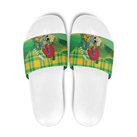 Personalized Dominica Independence Day Slide Sandals Map With Coat Of Arms Madras Pattern - Wonder Print Shop
