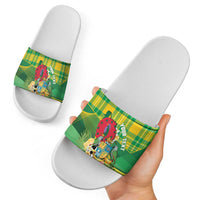 Personalized Dominica Independence Day Slide Sandals Map With Coat Of Arms Madras Pattern - Wonder Print Shop