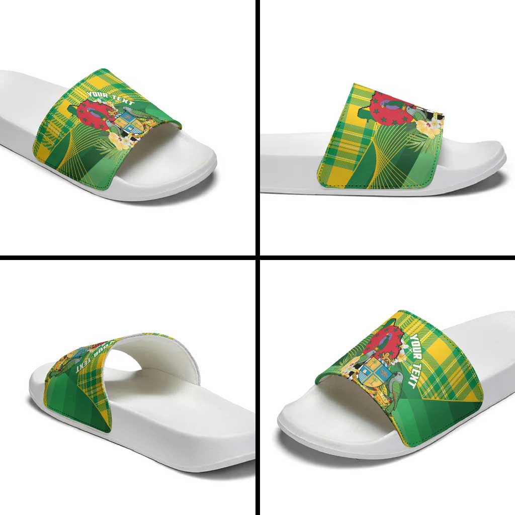 Personalized Dominica Independence Day Slide Sandals Map With Coat Of Arms Madras Pattern - Wonder Print Shop
