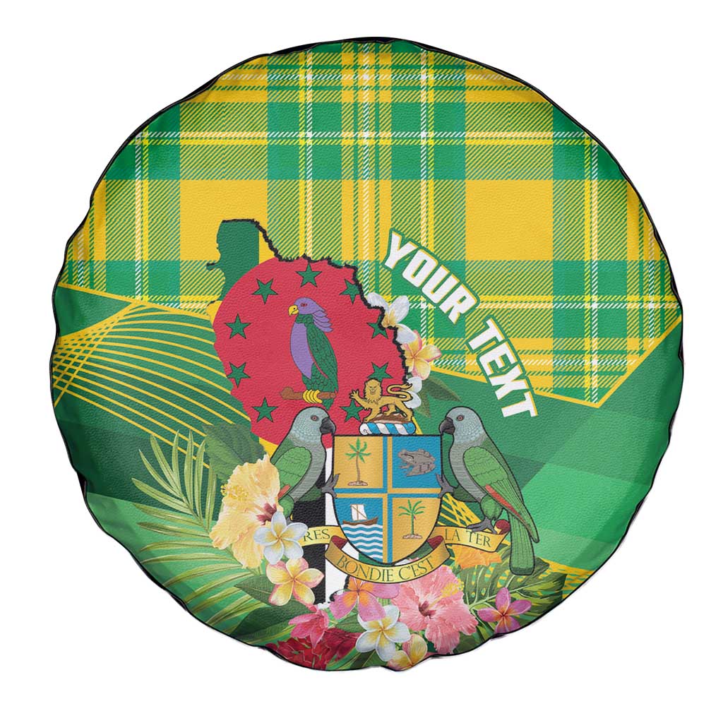 Personalized Dominica Independence Day Spare Tire Cover Map With Coat Of Arms Madras Pattern - Wonder Print Shop