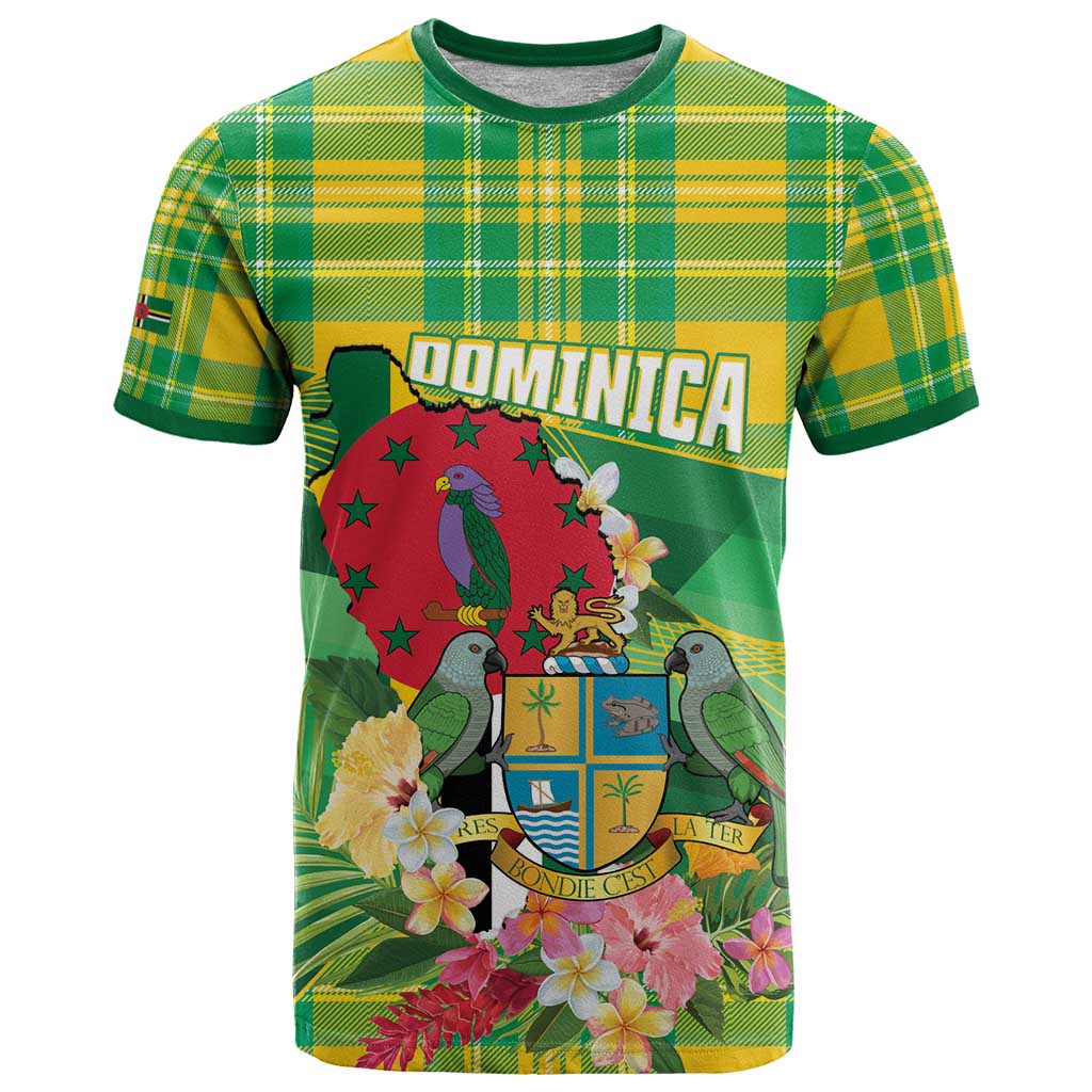 Personalized Dominica Independence Day T Shirt Map With Coat Of Arms Madras Pattern - Wonder Print Shop