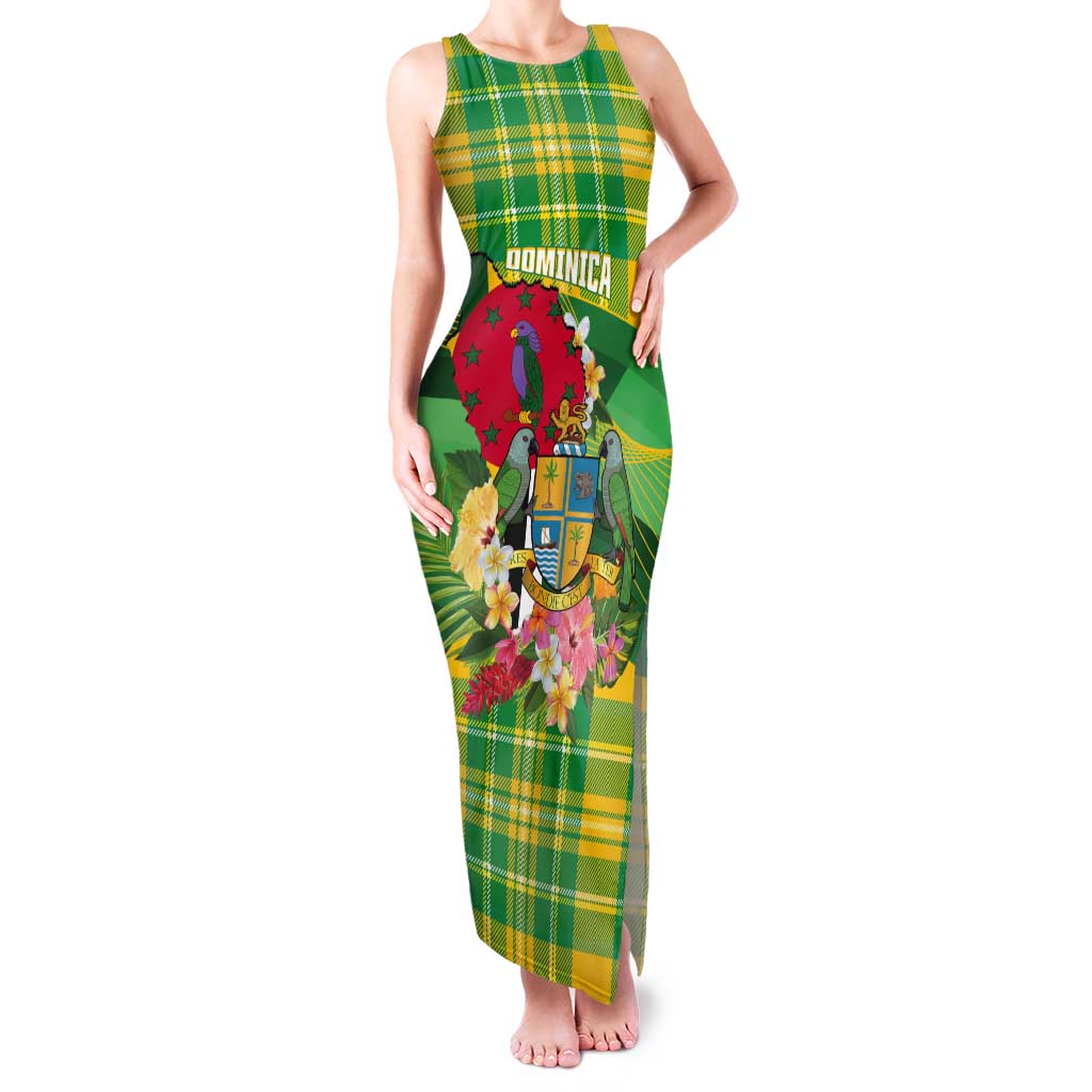 Personalized Dominica Independence Day Tank Maxi Dress Map With Coat Of Arms Madras Pattern - Wonder Print Shop