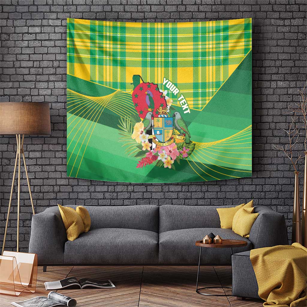 Personalized Dominica Independence Day Tapestry Map With Coat Of Arms Madras Pattern - Wonder Print Shop