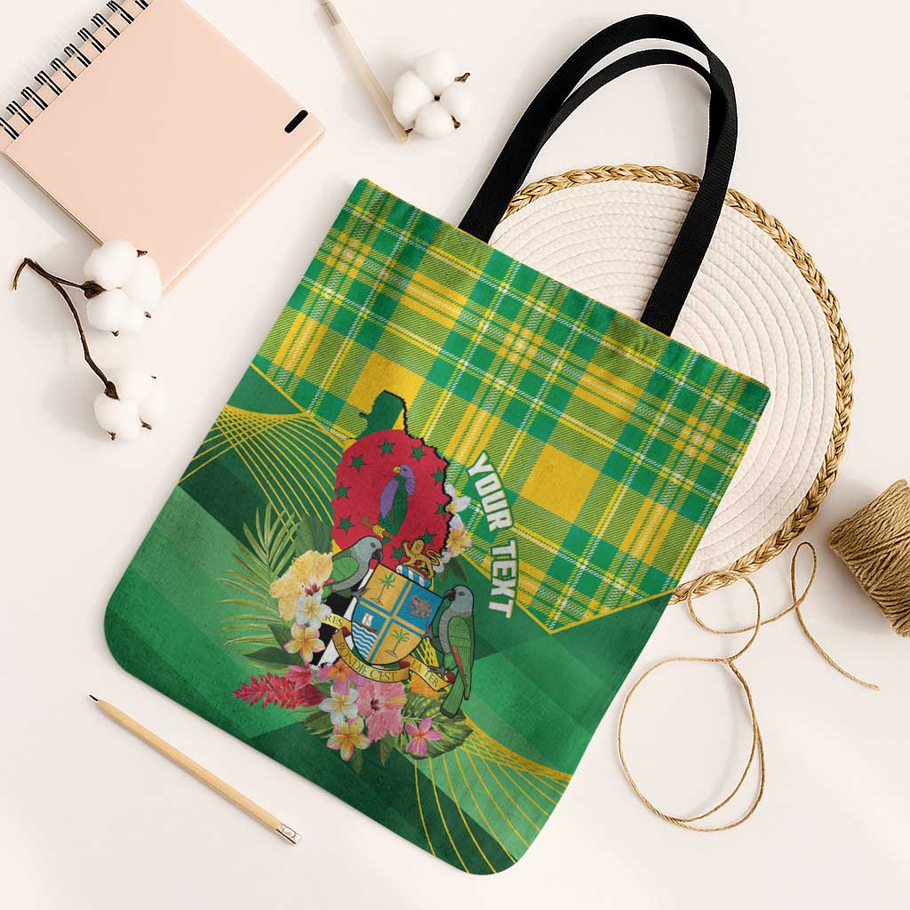 Personalized Dominica Independence Day Tote Bag Map With Coat Of Arms Madras Pattern - Wonder Print Shop