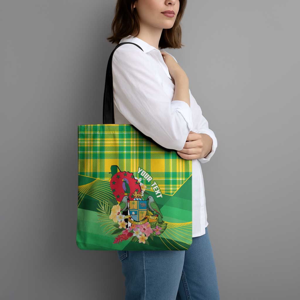 Personalized Dominica Independence Day Tote Bag Map With Coat Of Arms Madras Pattern - Wonder Print Shop