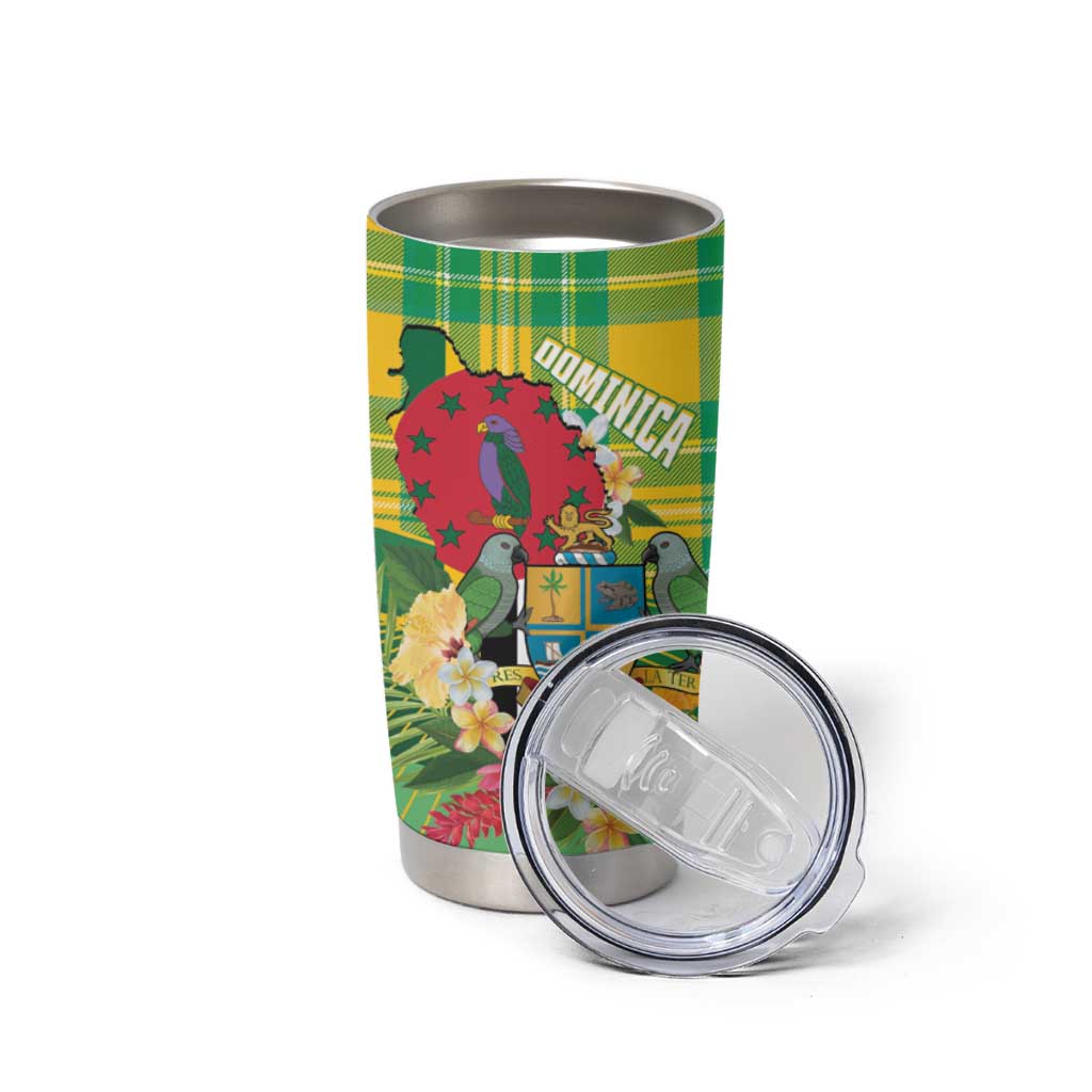 Personalized Dominica Independence Day Tumbler Cup Map With Coat Of Arms Madras Pattern - Wonder Print Shop