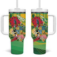Personalized Dominica Independence Day Tumbler With Handle Map With Coat Of Arms Madras Pattern - Wonder Print Shop