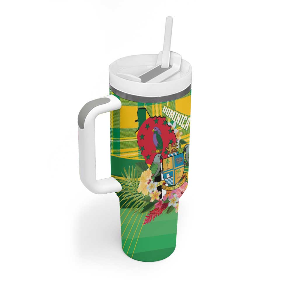 Personalized Dominica Independence Day Tumbler With Handle Map With Coat Of Arms Madras Pattern - Wonder Print Shop