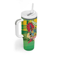 Personalized Dominica Independence Day Tumbler With Handle Map With Coat Of Arms Madras Pattern - Wonder Print Shop