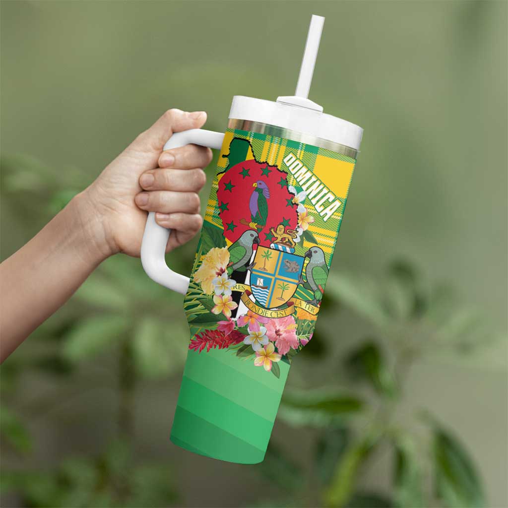 Personalized Dominica Independence Day Tumbler With Handle Map With Coat Of Arms Madras Pattern - Wonder Print Shop