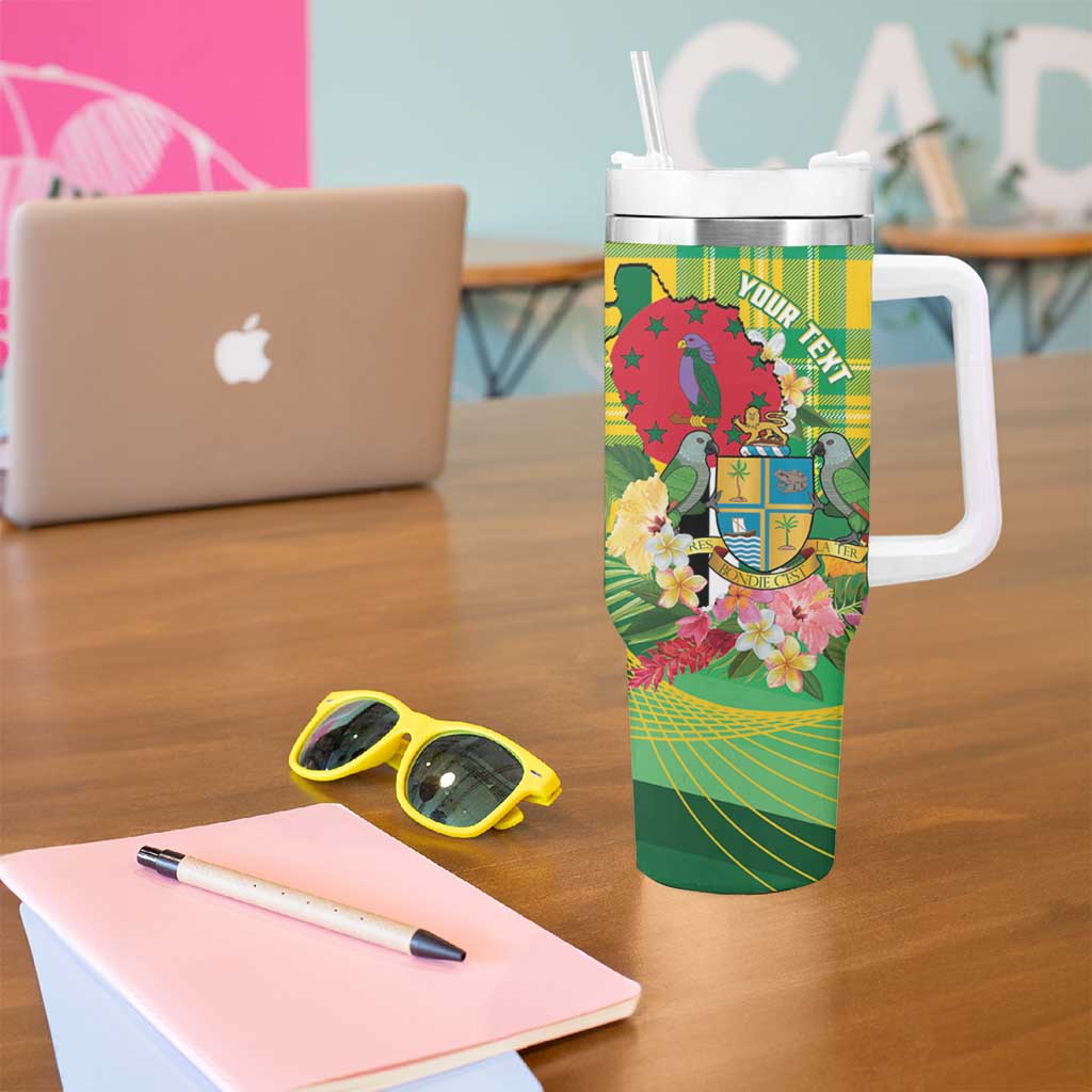 Personalized Dominica Independence Day Tumbler With Handle Map With Coat Of Arms Madras Pattern - Wonder Print Shop