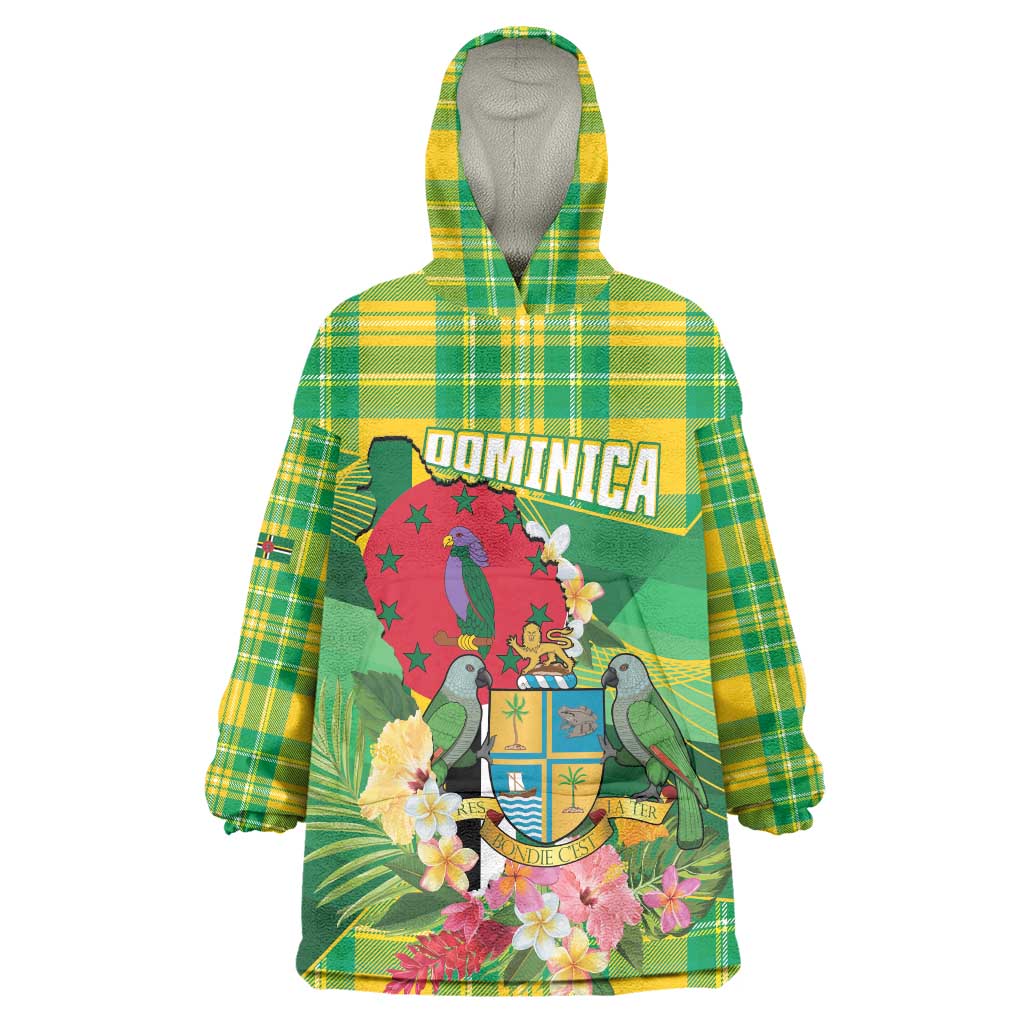 Personalized Dominica Independence Day Wearable Blanket Hoodie Map With Coat Of Arms Madras Pattern - Wonder Print Shop