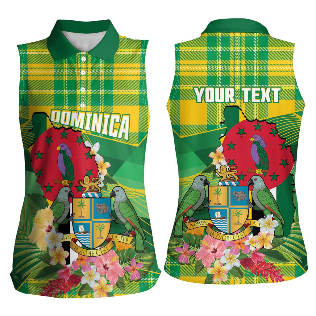 Personalized Dominica Independence Day Women Sleeveless Polo Shirt Map With Coat Of Arms Madras Pattern - Wonder Print Shop