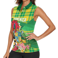 Personalized Dominica Independence Day Women Sleeveless Polo Shirt Map With Coat Of Arms Madras Pattern - Wonder Print Shop