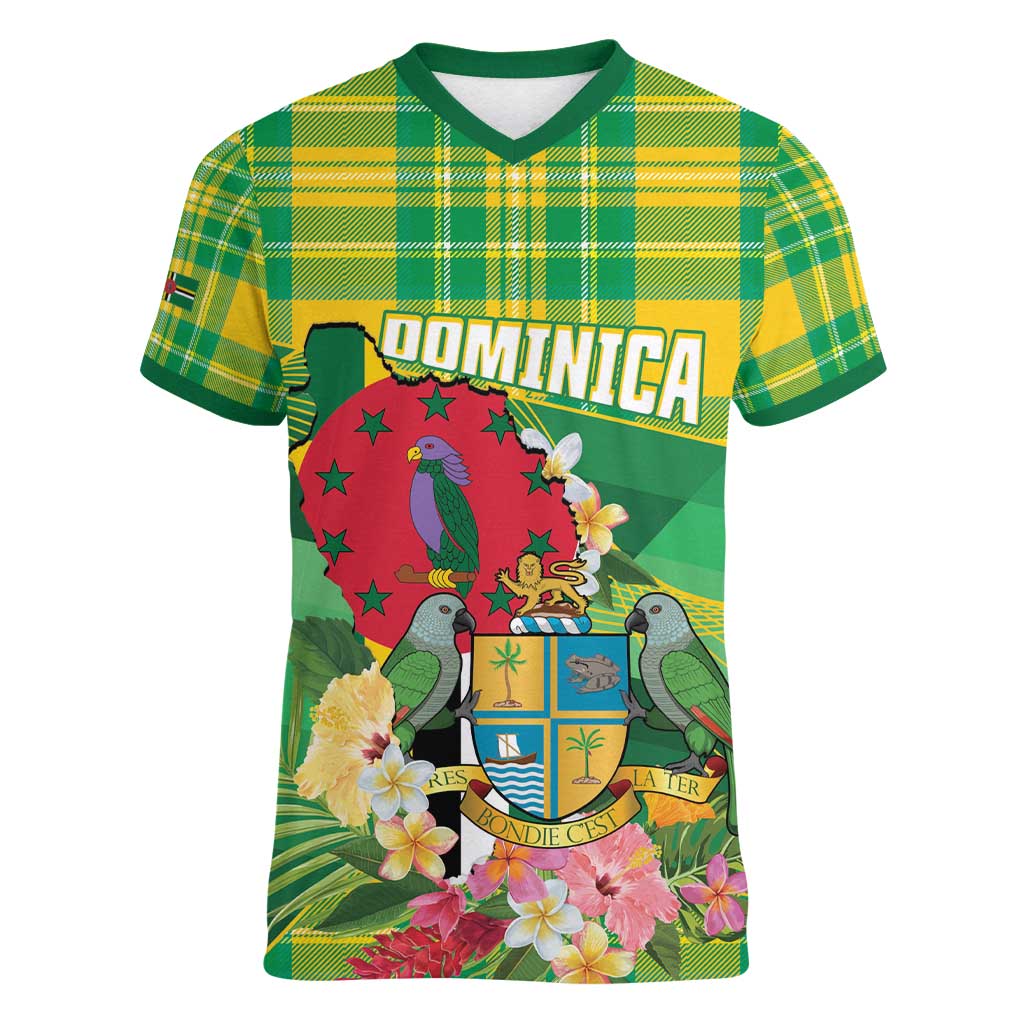 Personalized Dominica Independence Day Women V-Neck T-Shirt Map With Coat Of Arms Madras Pattern - Wonder Print Shop