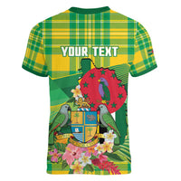 Personalized Dominica Independence Day Women V-Neck T-Shirt Map With Coat Of Arms Madras Pattern - Wonder Print Shop