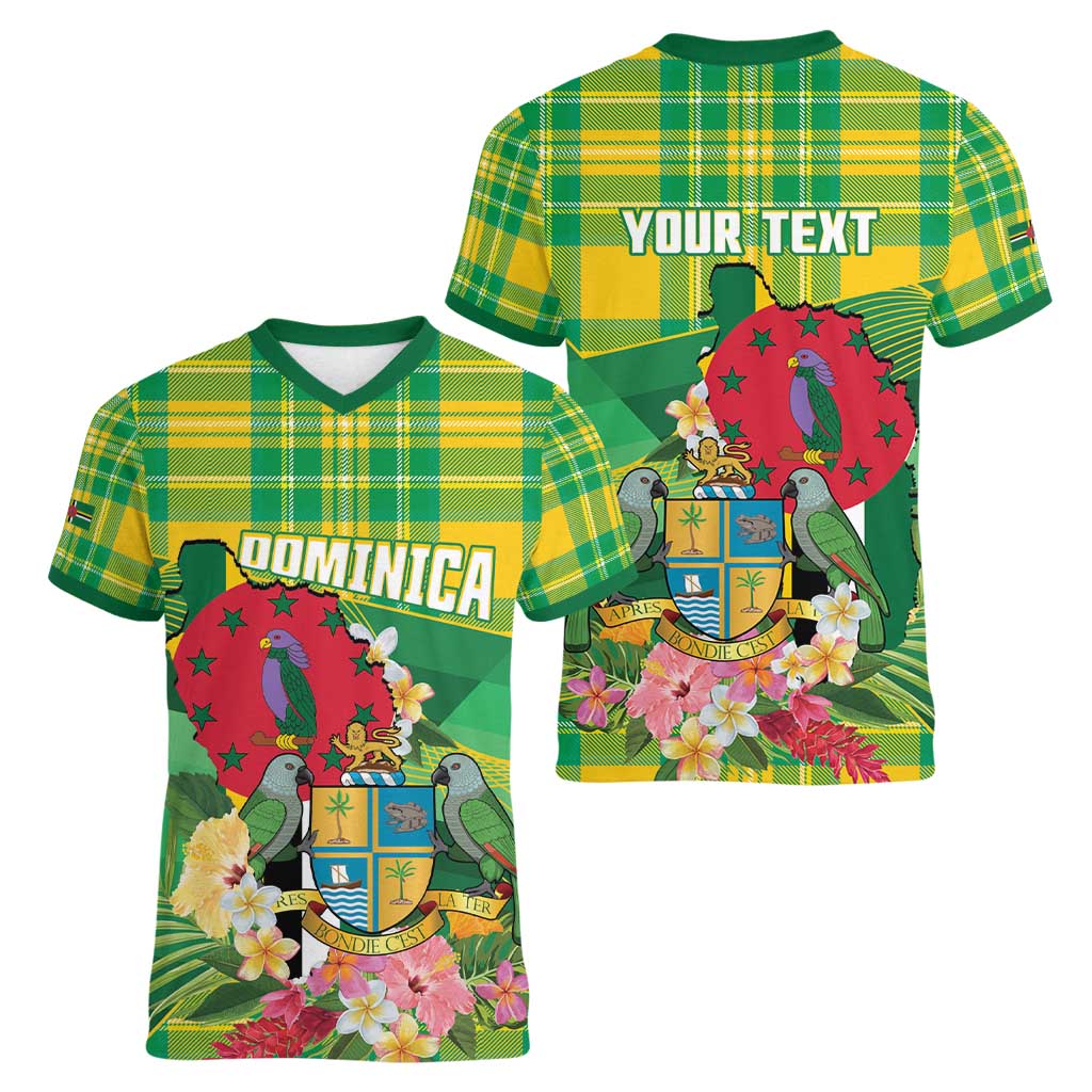 Personalized Dominica Independence Day Women V-Neck T-Shirt Map With Coat Of Arms Madras Pattern - Wonder Print Shop