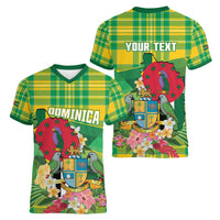 Personalized Dominica Independence Day Women V-Neck T-Shirt Map With Coat Of Arms Madras Pattern - Wonder Print Shop