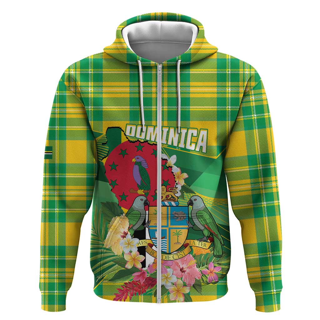 Personalized Dominica Independence Day Zip Hoodie Map With Coat Of Arms Madras Pattern - Wonder Print Shop