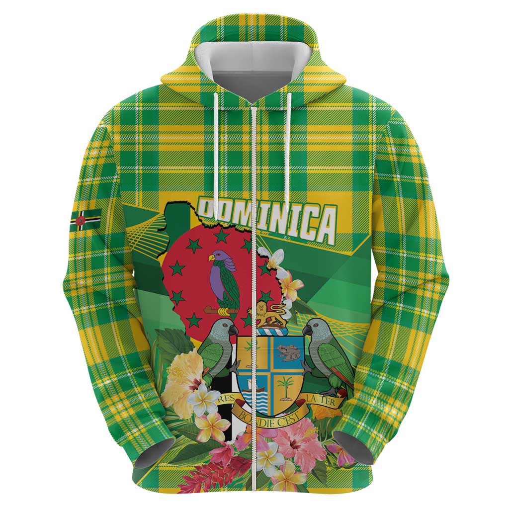 Personalized Dominica Independence Day Zip Hoodie Map With Coat Of Arms Madras Pattern - Wonder Print Shop