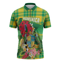 Personalized Dominica Independence Day Zipper Polo Shirt Map With Coat Of Arms Madras Pattern - Wonder Print Shop