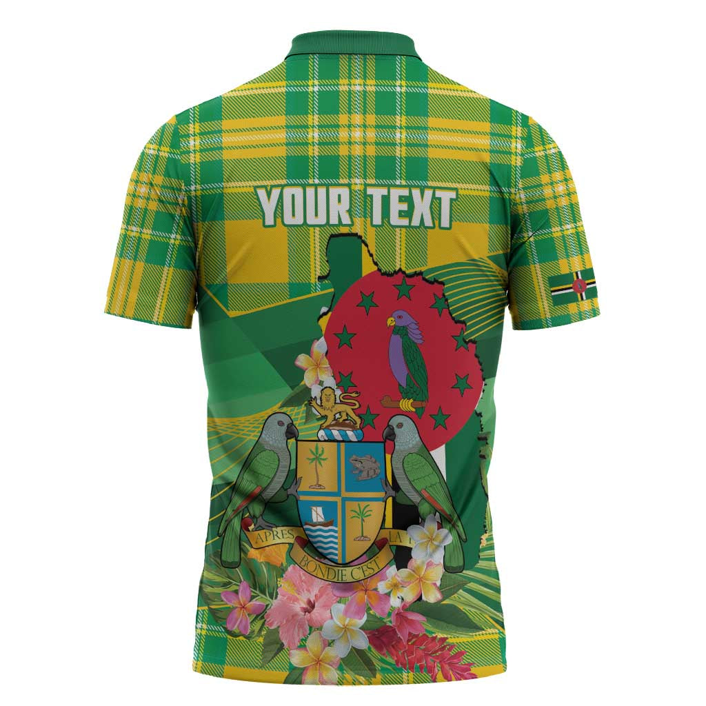 Personalized Dominica Independence Day Zipper Polo Shirt Map With Coat Of Arms Madras Pattern - Wonder Print Shop