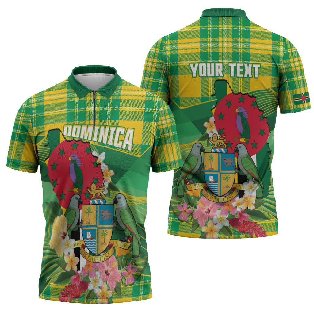Personalized Dominica Independence Day Zipper Polo Shirt Map With Coat Of Arms Madras Pattern - Wonder Print Shop