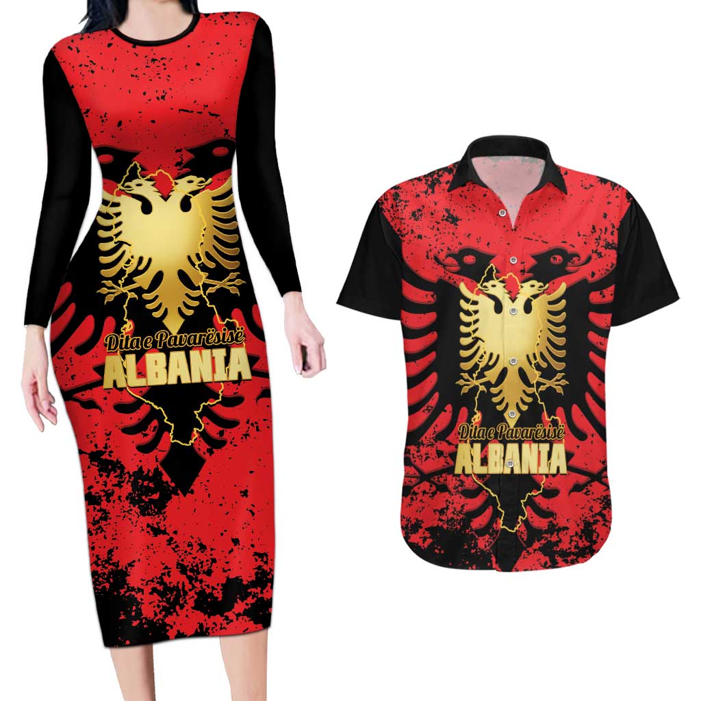 Albania Independence Day Couples Matching Long Sleeve Bodycon Dress and Hawaiian Shirt Dita e Pavaresise Map Grunge Style - Wonder Print Shop