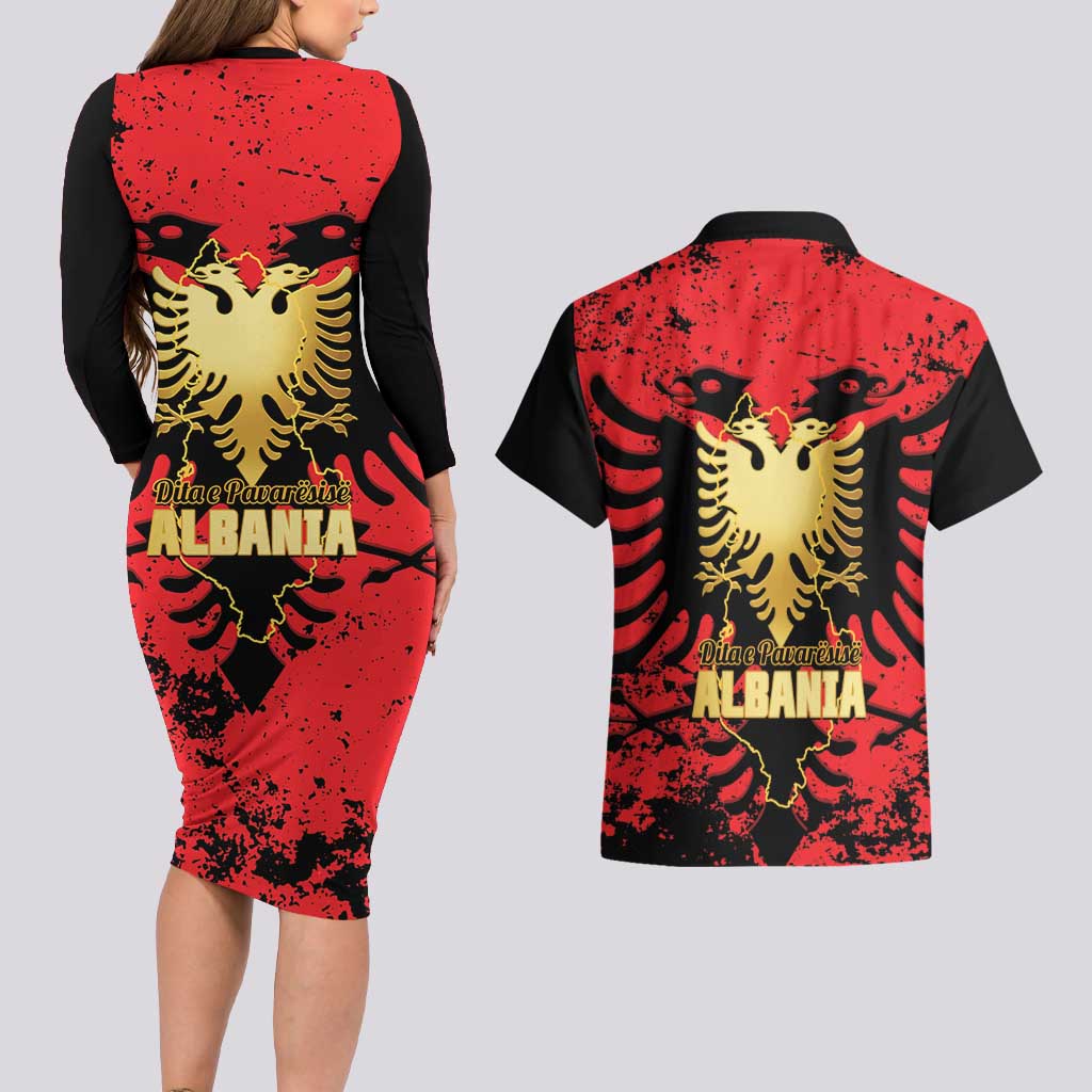 Albania Independence Day Couples Matching Long Sleeve Bodycon Dress and Hawaiian Shirt Dita e Pavaresise Map Grunge Style - Wonder Print Shop