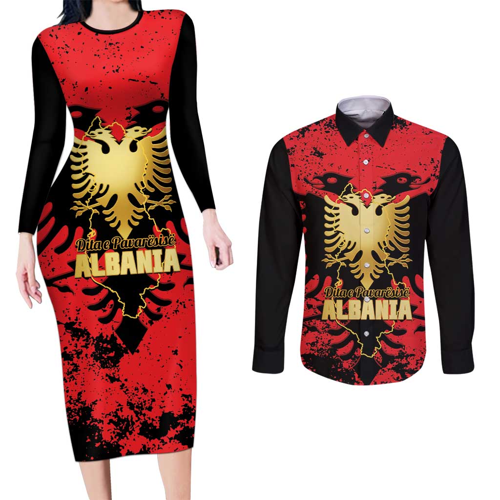 Albania Independence Day Couples Matching Long Sleeve Bodycon Dress and Long Sleeve Button Shirt Dita e Pavaresise Map Grunge Style - Wonder Print Shop