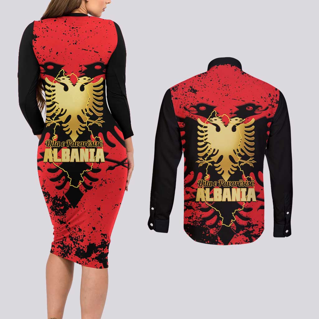 Albania Independence Day Couples Matching Long Sleeve Bodycon Dress and Long Sleeve Button Shirt Dita e Pavaresise Map Grunge Style - Wonder Print Shop