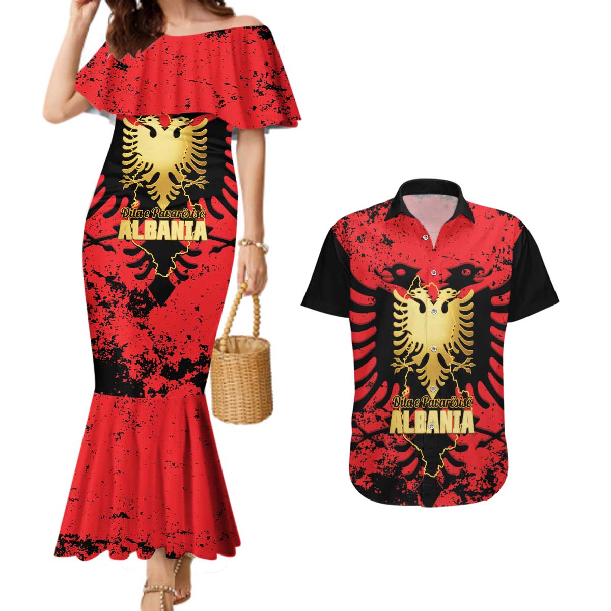 Albania Independence Day Couples Matching Mermaid Dress and Hawaiian Shirt Dita e Pavaresise Map Grunge Style - Wonder Print Shop