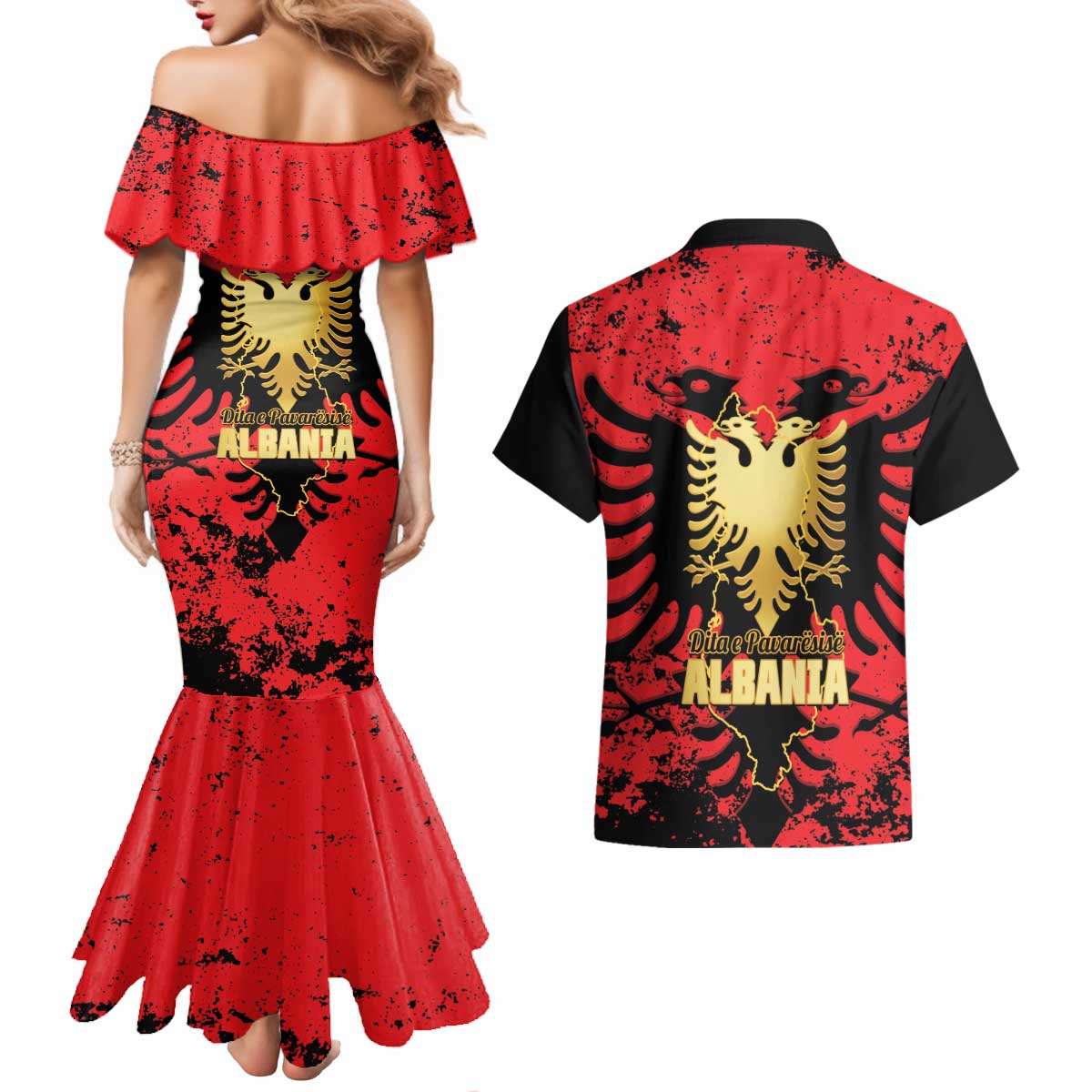 Albania Independence Day Couples Matching Mermaid Dress and Hawaiian Shirt Dita e Pavaresise Map Grunge Style - Wonder Print Shop