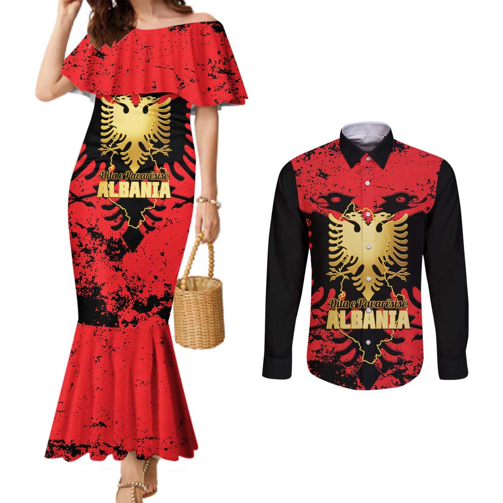 Albania Independence Day Couples Matching Mermaid Dress and Long Sleeve Button Shirt Dita e Pavaresise Map Grunge Style - Wonder Print Shop