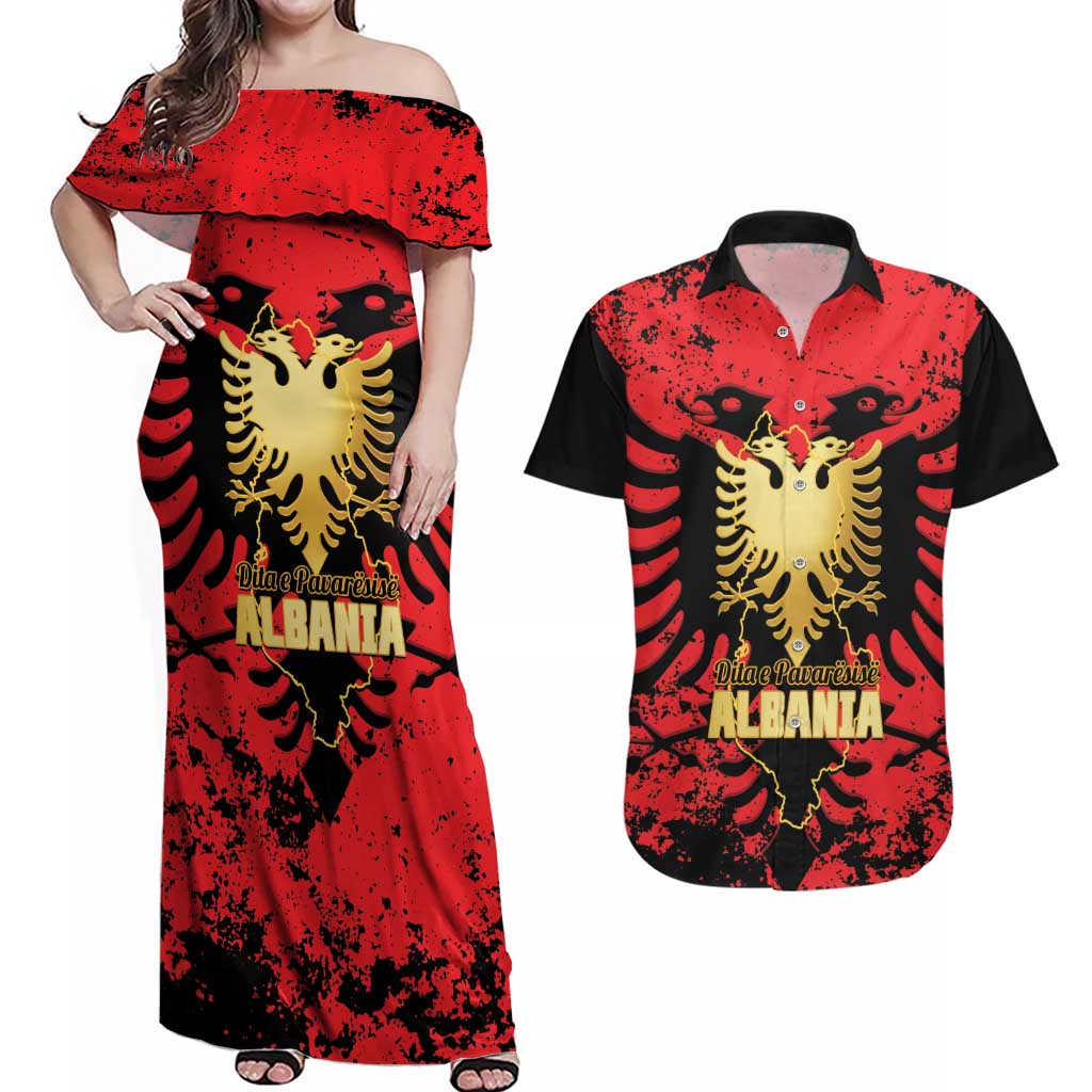 Albania Independence Day Couples Matching Off Shoulder Maxi Dress and Hawaiian Shirt Dita e Pavaresise Map Grunge Style - Wonder Print Shop