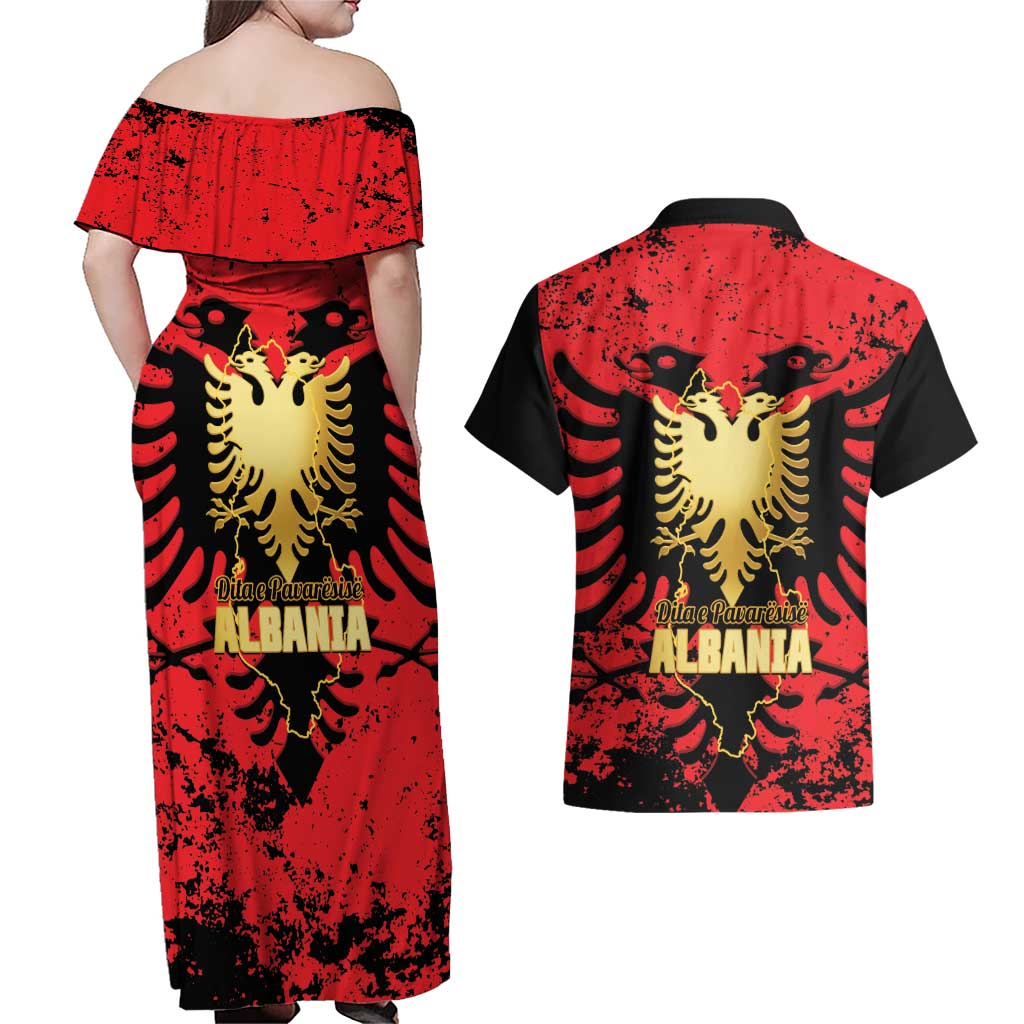 Albania Independence Day Couples Matching Off Shoulder Maxi Dress and Hawaiian Shirt Dita e Pavaresise Map Grunge Style - Wonder Print Shop