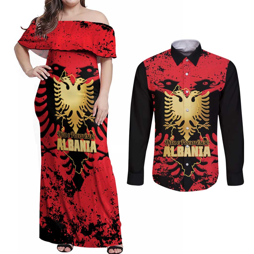 Albania Independence Day Couples Matching Off Shoulder Maxi Dress and Long Sleeve Button Shirt Dita e Pavaresise Map Grunge Style - Wonder Print Shop