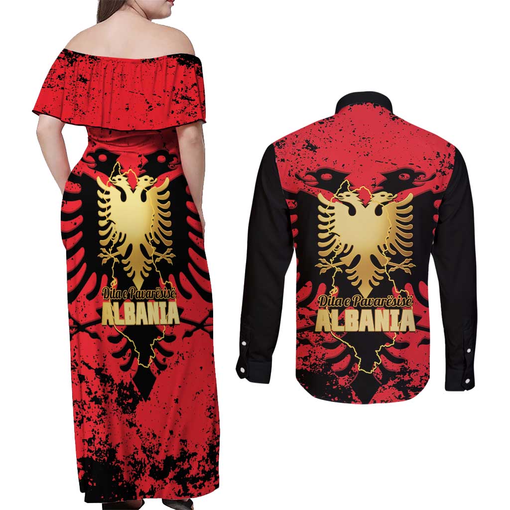 Albania Independence Day Couples Matching Off Shoulder Maxi Dress and Long Sleeve Button Shirt Dita e Pavaresise Map Grunge Style - Wonder Print Shop