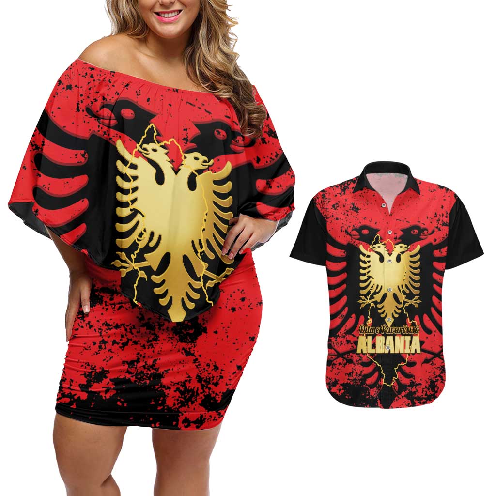 Albania Independence Day Couples Matching Off Shoulder Short Dress and Hawaiian Shirt Dita e Pavaresise Map Grunge Style - Wonder Print Shop