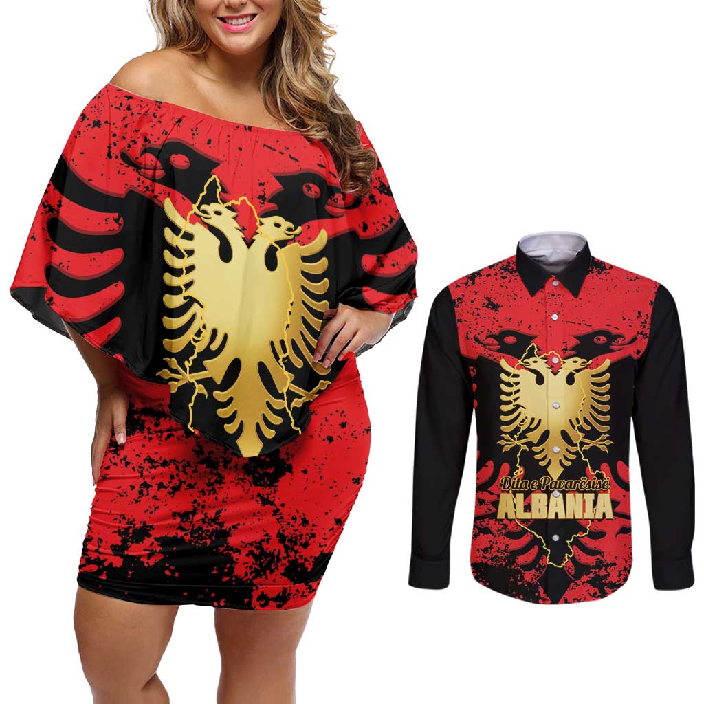 Albania Independence Day Couples Matching Off Shoulder Short Dress and Long Sleeve Button Shirt Dita e Pavaresise Map Grunge Style - Wonder Print Shop