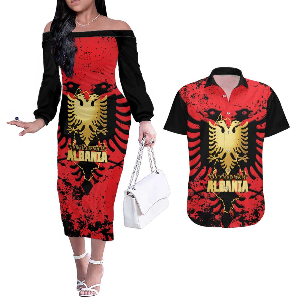 Albania Independence Day Couples Matching Off The Shoulder Long Sleeve Dress and Hawaiian Shirt Dita e Pavaresise Map Grunge Style - Wonder Print Shop