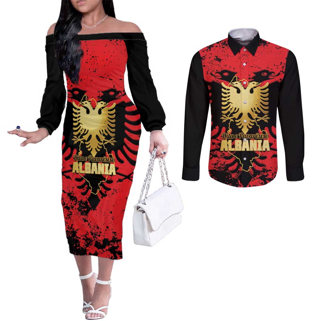 Albania Independence Day Couples Matching Off The Shoulder Long Sleeve Dress and Long Sleeve Button Shirt Dita e Pavaresise Map Grunge Style - Wonder Print Shop