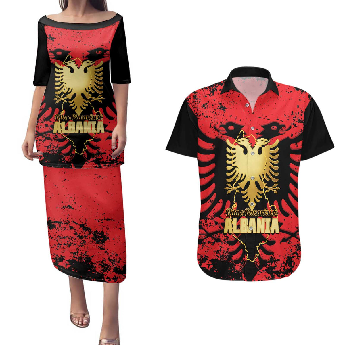 Albania Independence Day Couples Matching Puletasi and Hawaiian Shirt Dita e Pavaresise Map Grunge Style - Wonder Print Shop