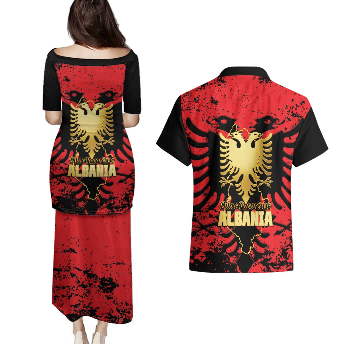Albania Independence Day Couples Matching Puletasi and Hawaiian Shirt Dita e Pavaresise Map Grunge Style - Wonder Print Shop