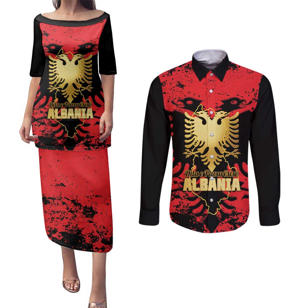 Albania Independence Day Couples Matching Puletasi and Long Sleeve Button Shirt Dita e Pavaresise Map Grunge Style - Wonder Print Shop