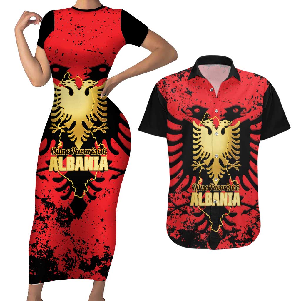 Albania Independence Day Couples Matching Short Sleeve Bodycon Dress and Hawaiian Shirt Dita e Pavaresise Map Grunge Style - Wonder Print Shop