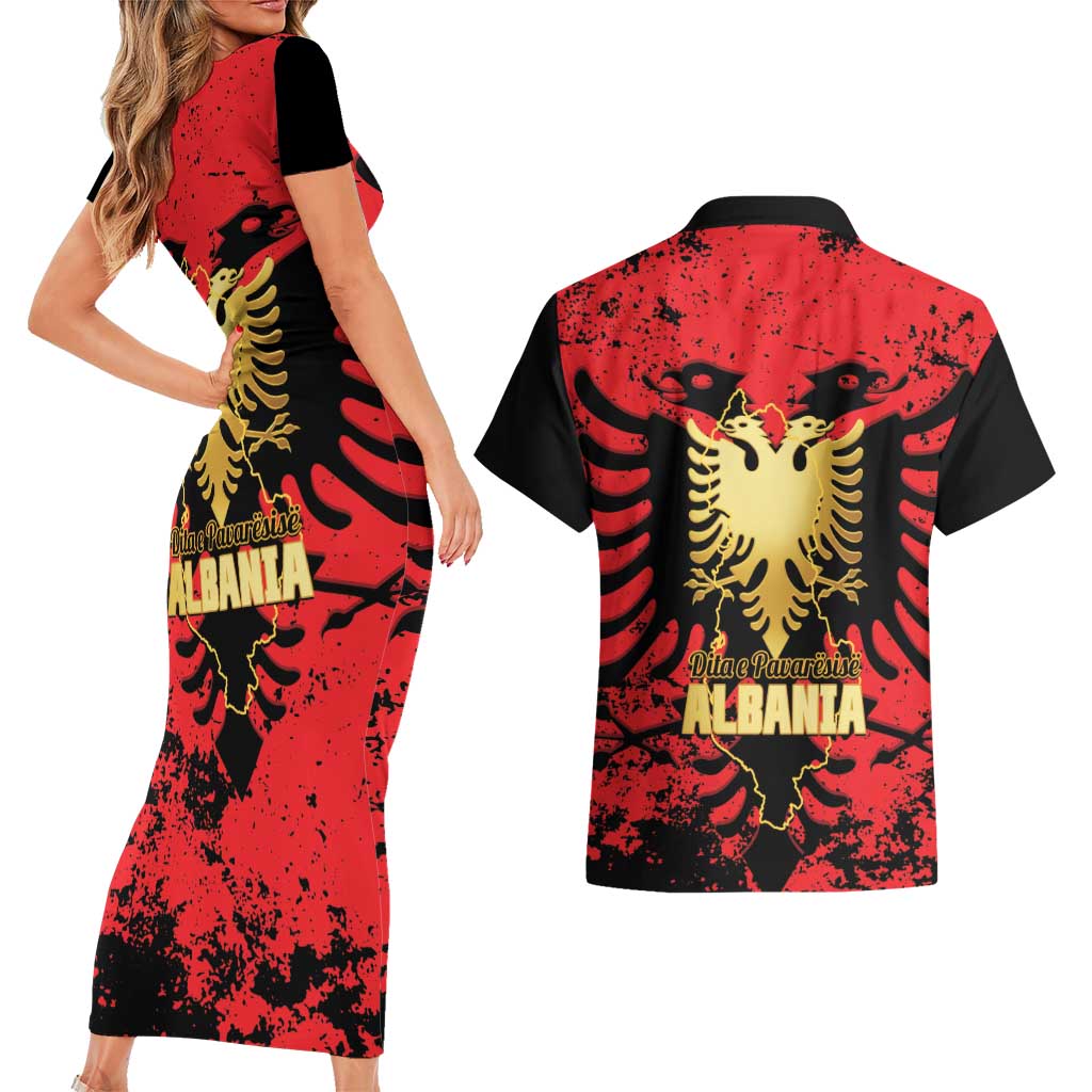 Albania Independence Day Couples Matching Short Sleeve Bodycon Dress and Hawaiian Shirt Dita e Pavaresise Map Grunge Style - Wonder Print Shop