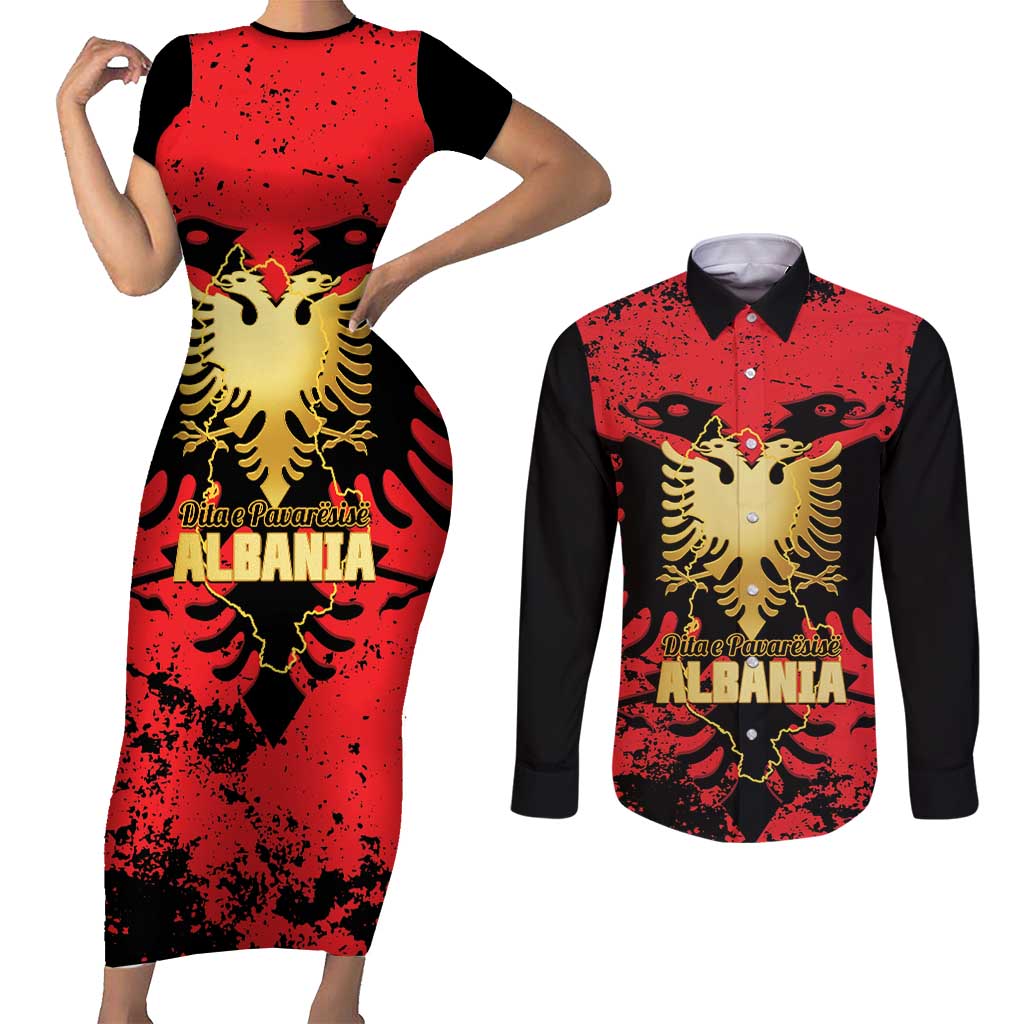 Albania Independence Day Couples Matching Short Sleeve Bodycon Dress and Long Sleeve Button Shirt Dita e Pavaresise Map Grunge Style - Wonder Print Shop
