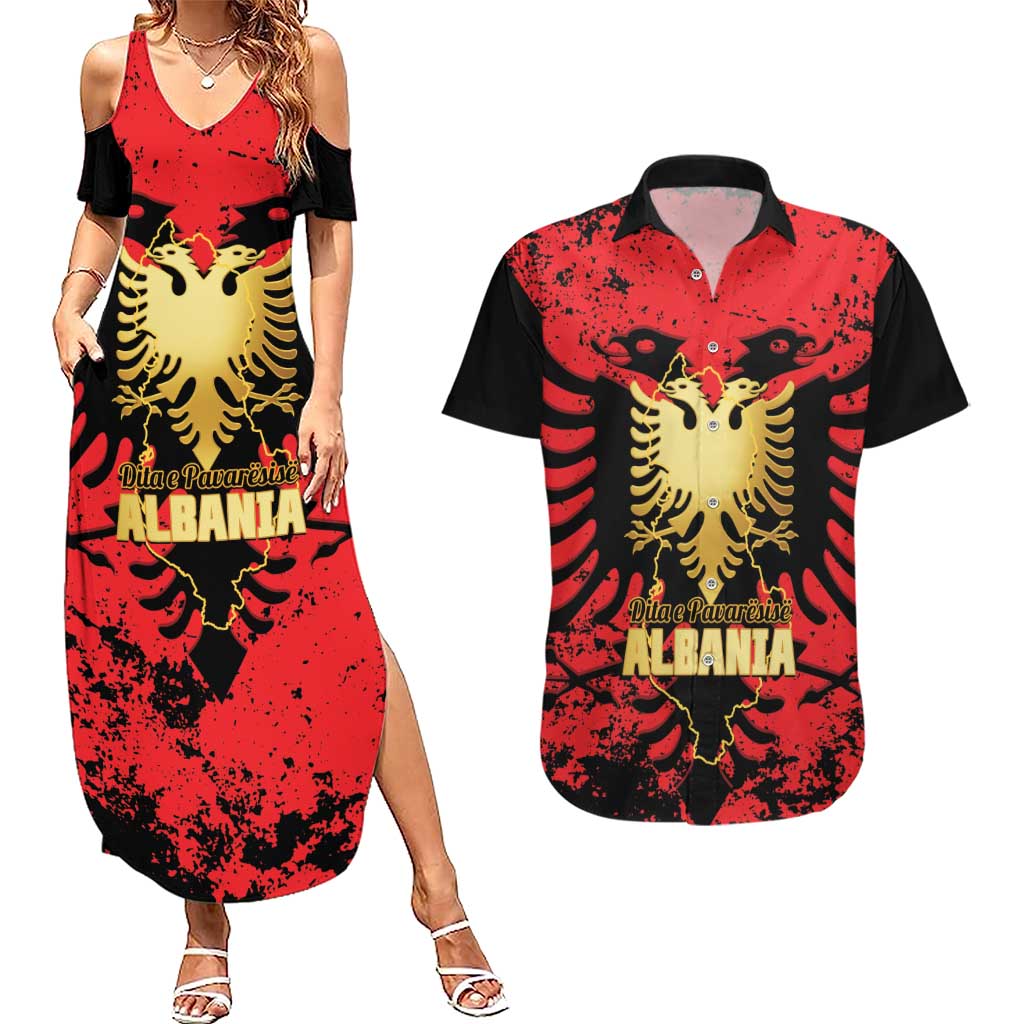 Albania Independence Day Couples Matching Summer Maxi Dress and Hawaiian Shirt Dita e Pavaresise Map Grunge Style - Wonder Print Shop